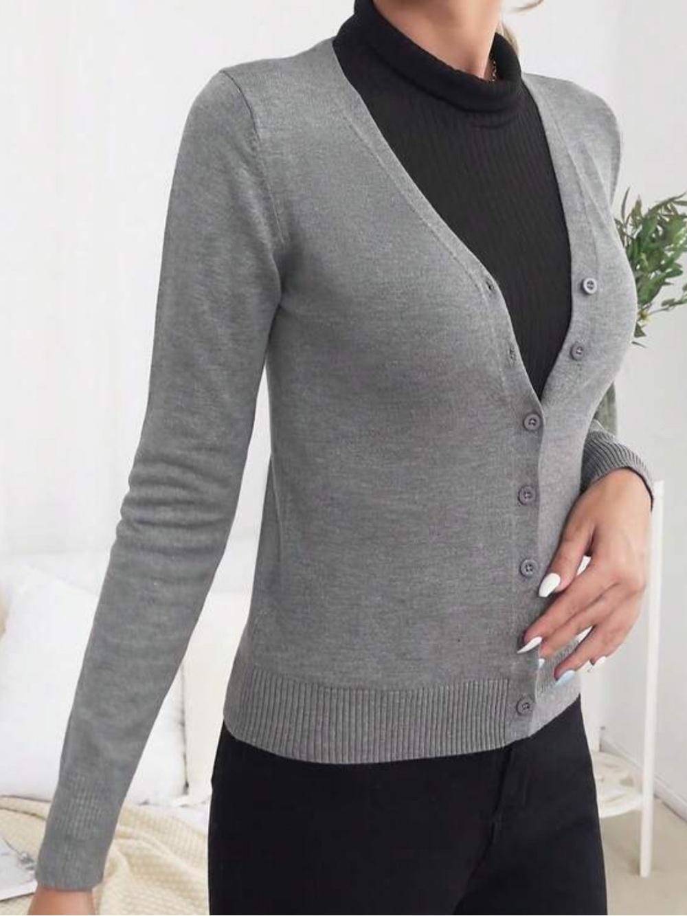 SHEIN | Grey Solid Color Single Breasted Long Sleeve Cardigan